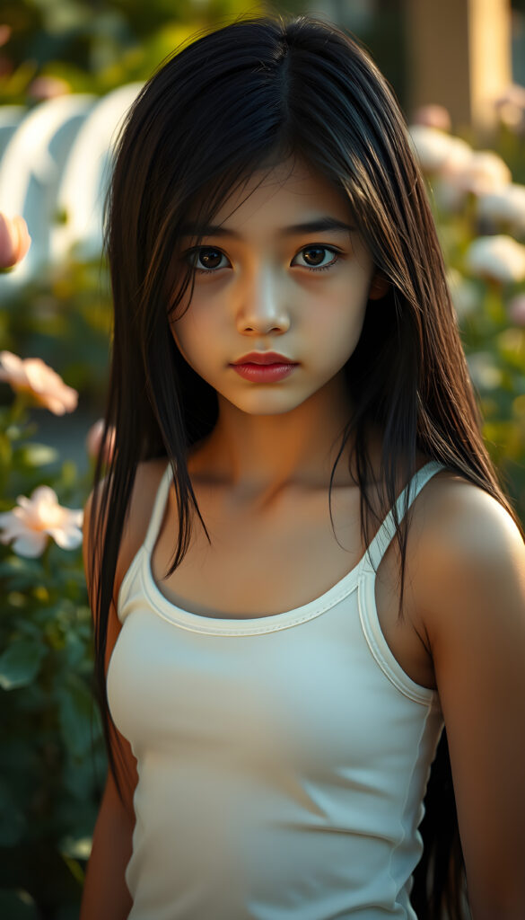 A stunning, beautiful, and charming young woman with a captivating presence, her jet-black hair cascading in straight, glossy strands, and her eyes sparkling with an alluring intensity. She is dressed in a simple yet elegant white tank top that accentuates her slender figure, standing against a backdrop of a softly lit, serene garden with blooming flowers and lush greenery, creating a dreamy, ethereal atmosphere. The scene is bathed in soft, golden sunlight, casting a warm glow on her delicate features, making her look radiant and enchanting.