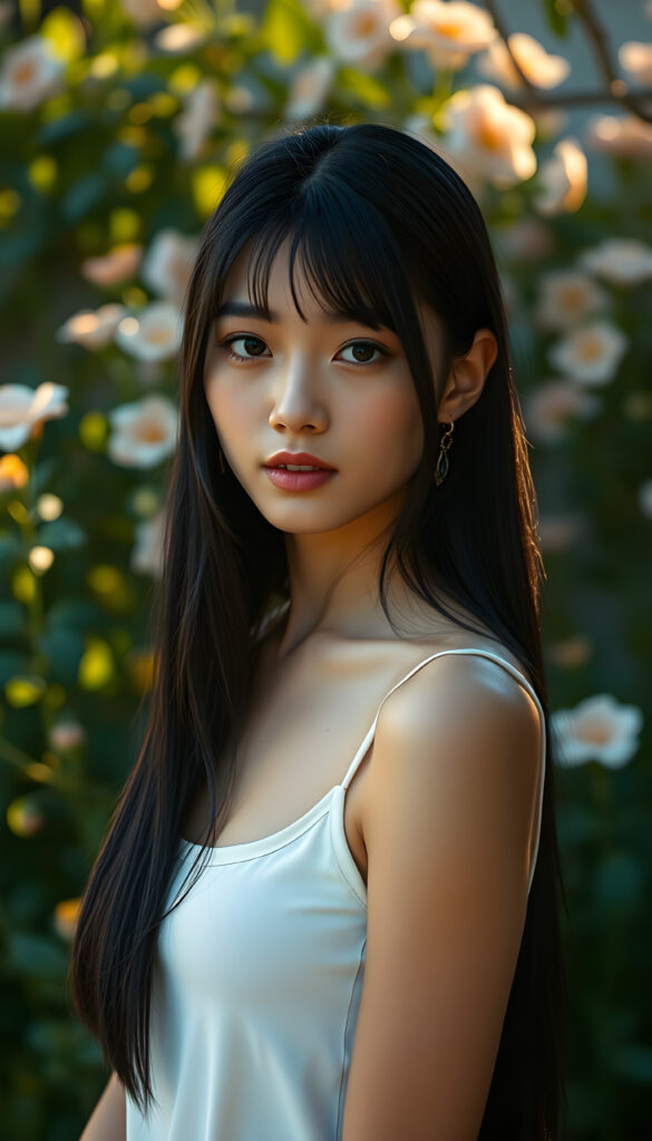 A stunning, beautiful, and charming young woman with a captivating presence, her jet-black hair cascading in straight, glossy strands, and her eyes sparkling with an alluring intensity. She is dressed in a simple yet elegant white tank top that accentuates her slender figure, standing against a backdrop of a softly lit, serene garden with blooming flowers and lush greenery, creating a dreamy, ethereal atmosphere. The scene is bathed in soft, golden sunlight, casting a warm glow on her delicate features, making her look radiant and enchanting.