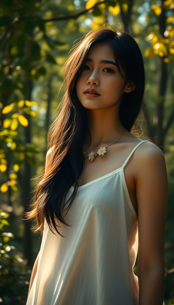 A stunning black-haired girl in a white, flowing tank top standing gracefully in a sunlit forest. Her hair is gently cascading down her back, contrasting with the golden leaves around her. Ethereal sunlight filters through the dense canopy, casting a warm, magical glow on her serene face. She wears a delicate necklace of flowers, adding a touch of whimsy to her natural beauty. The background is filled with a mix of lush greenery and soft pastel-colored clouds, creating a serene, dreamy atmosphere.