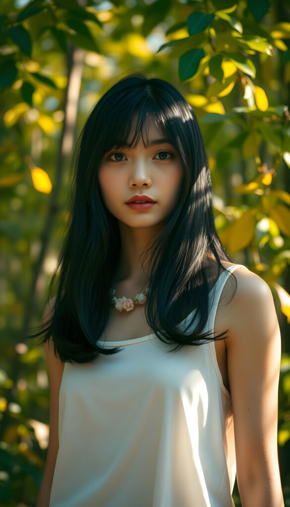 A stunning black-haired girl in a white, flowing tank top standing gracefully in a sunlit forest. Her hair is gently cascading down her back, contrasting with the golden leaves around her. Ethereal sunlight filters through the dense canopy, casting a warm, magical glow on her serene face. She wears a delicate necklace of flowers, adding a touch of whimsy to her natural beauty. The background is filled with a mix of lush greenery and soft pastel-colored clouds, creating a serene, dreamy atmosphere.