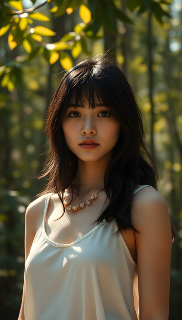 A stunning black-haired girl in a white, flowing tank top standing gracefully in a sunlit forest. Her hair is gently cascading down her back, contrasting with the golden leaves around her. Ethereal sunlight filters through the dense canopy, casting a warm, magical glow on her serene face. She wears a delicate necklace of flowers, adding a touch of whimsy to her natural beauty. The background is filled with a mix of lush greenery and soft pastel-colored clouds, creating a serene, dreamy atmosphere.