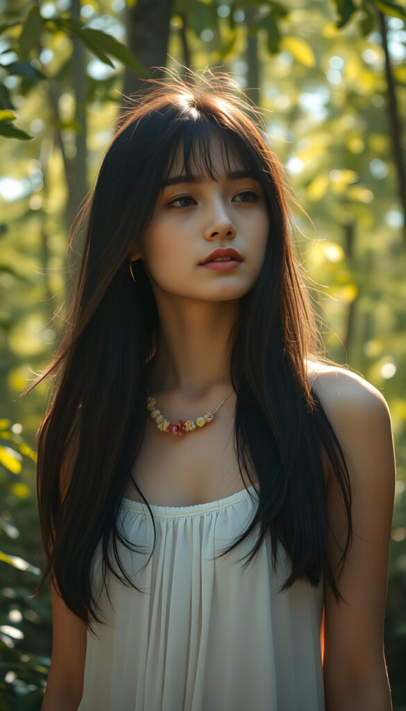 A stunning black-haired girl in a white, flowing tank top standing gracefully in a sunlit forest. Her hair is gently cascading down her back, contrasting with the golden leaves around her. Ethereal sunlight filters through the dense canopy, casting a warm, magical glow on her serene face. She wears a delicate necklace of flowers, adding a touch of whimsy to her natural beauty. The background is filled with a mix of lush greenery and soft pastel-colored clouds, creating a serene, dreamy atmosphere.