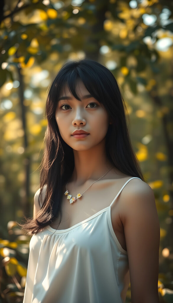 A stunning black-haired girl in a white, flowing tank top standing gracefully in a sunlit forest. Her hair is gently cascading down her back, contrasting with the golden leaves around her. Ethereal sunlight filters through the dense canopy, casting a warm, magical glow on her serene face. She wears a delicate necklace of flowers, adding a touch of whimsy to her natural beauty. The background is filled with a mix of lush greenery and soft pastel-colored clouds, creating a serene, dreamy atmosphere.