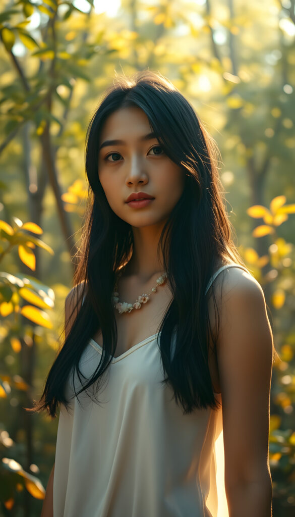 A stunning black-haired girl in a white, flowing tank top standing gracefully in a sunlit forest. Her hair is gently cascading down her back, contrasting with the golden leaves around her. Ethereal sunlight filters through the dense canopy, casting a warm, magical glow on her serene face. She wears a delicate necklace of flowers, adding a touch of whimsy to her natural beauty. The background is filled with a mix of lush greenery and soft pastel-colored clouds, creating a serene, dreamy atmosphere.