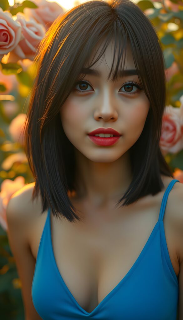 A stunning close-up portrait of a young busty Persian girl with an angelic face, framed by long, luscious black bangs. Her hair is straight and silky adding a touch of natural beauty to her flawless skin. Her hair has a perfect symmetrical bob cut and her eyes sparkle with innocence, and her perfect teeth shine under soft, golden lighting. She wears a vibrant blue cropped spaghetti tank top with a deep v-neck, set against a lush rose garden. The scene is bathed in the warm glow of sunset, with roses in full bloom and petals drifting in the gentle breeze. Full red kissable lips. Her mouth is slightly open.