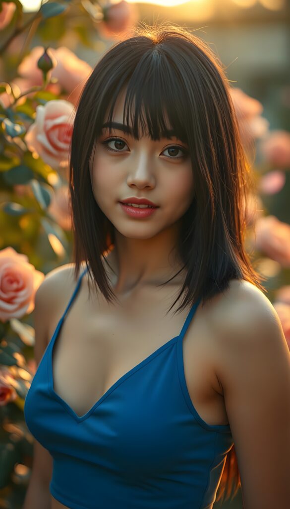 A stunning close-up portrait of a young busty Persian girl with an angelic face, framed by long, luscious black bangs. Her hair is straight and silky adding a touch of natural beauty to her flawless skin. Her hair has a perfect symmetrical bob cut and her eyes sparkle with innocence, and her perfect teeth shine under soft, golden lighting. She wears a vibrant blue cropped spaghetti tank top with a deep v-neck, set against a lush rose garden. The scene is bathed in the warm glow of sunset, with roses in full bloom and petals drifting in the gentle breeze. Full red kissable lips. Her mouth is slightly open.