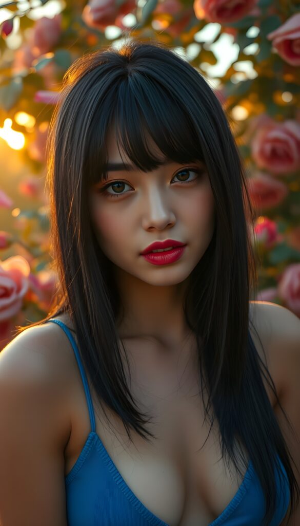 A stunning close-up portrait of a young busty Persian girl with an angelic face, framed by long, luscious black bangs. Her hair is straight and silky adding a touch of natural beauty to her flawless skin. Her hair has a perfect symmetrical bob cut and her eyes sparkle with innocence, and her perfect teeth shine under soft, golden lighting. She wears a vibrant blue cropped spaghetti tank top with a deep v-neck, set against a lush rose garden. The scene is bathed in the warm glow of sunset, with roses in full bloom and petals drifting in the gentle breeze. Full red kissable lips. Her mouth is slightly open.