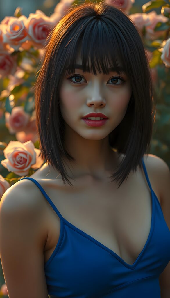 A stunning close-up portrait of a young busty Persian girl with an angelic face, framed by long, luscious black bangs. Her hair is straight and silky adding a touch of natural beauty to her flawless skin. Her hair has a perfect symmetrical bob cut and her eyes sparkle with innocence, and her perfect teeth shine under soft, golden lighting. She wears a vibrant blue cropped spaghetti tank top with a deep v-neck, set against a lush rose garden. The scene is bathed in the warm glow of sunset, with roses in full bloom and petals drifting in the gentle breeze. Full red kissable lips. Her mouth is slightly open.