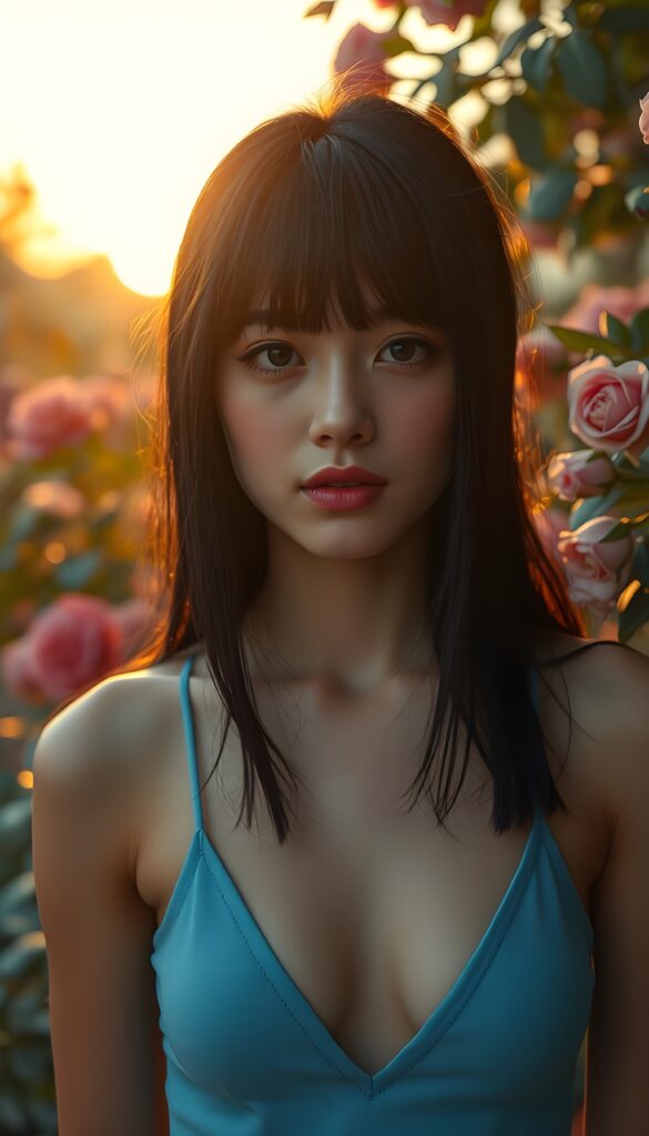 A stunning close-up portrait of a young busty Persian girl with an angelic face, framed by long, luscious black bangs. Her hair is straight and silky adding a touch of natural beauty to her flawless skin. Her hair has a perfect symmetrical bob cut and her eyes sparkle with innocence, and her perfect teeth shine under soft, golden lighting. She wears a vibrant blue cropped spaghetti tank top with a deep v-neck, set against a lush rose garden. The scene is bathed in the warm glow of sunset, with roses in full bloom and petals drifting in the gentle breeze. Full red kissable lips. Her mouth is slightly open.