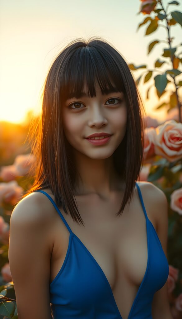 A stunning close-up portrait of a young busty Persian girl with an angelic face, framed by long, luscious black bangs. Her hair is straight and silky adding a touch of natural beauty to her flawless skin. Her hair has a perfect symmetrical bob cut and her eyes sparkle with innocence, and her perfect teeth shine under soft, golden lighting. She wears a vibrant blue cropped spaghetti tank top with a deep v-neck, set against a lush rose garden. The scene is bathed in the warm glow of sunset, with roses in full bloom and petals drifting in the gentle breeze. Full red kissable lips. Her mouth is slightly open.