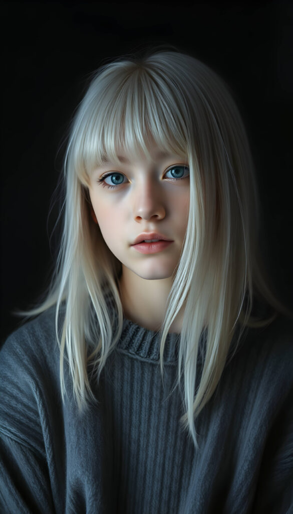 A stunning, detailed digital painting of a young teenage girl with jet-white, thick straight hair and bangs. She is wearing a cozy grey wool sweater. The background is a deep, rich black, allowing her to stand out. The lighting is soft and diffused, creating gentle shadows and highlights that accentuate her features. The composition is dynamic, with the girl positioned slightly off-center, adding a sense of movement and depth to the image. Her expression is serene and thoughtful, and the overall style is hyper-realistic with a touch of artistic flair.
