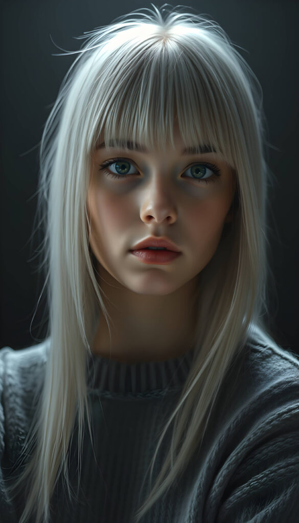 A stunning, detailed digital painting of a young teenage girl with jet-white, thick straight hair and bangs. She is wearing a cozy grey wool sweater. The background is a deep, rich black, allowing her to stand out. The lighting is soft and diffused, creating gentle shadows and highlights that accentuate her features. The composition is dynamic, with the girl positioned slightly off-center, adding a sense of movement and depth to the image. Her expression is serene and thoughtful, and the overall style is hyper-realistic with a touch of artistic flair.