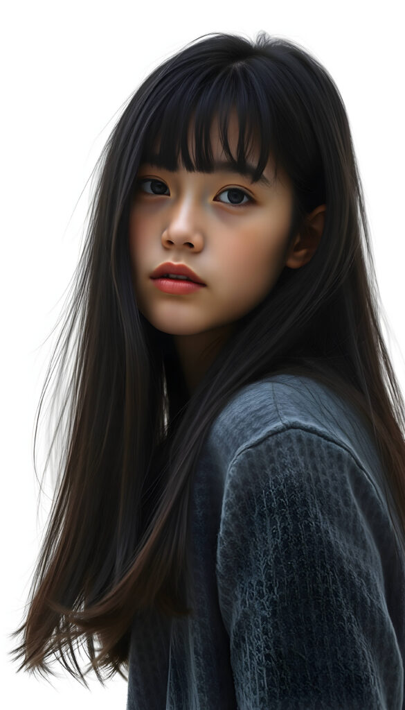 A stunning, detailed digital painting of a young teenage girl with jet-black, thick straight long hair and bangs. She is wearing a cozy grey wool sweater. The background is white, allowing her to stand out. The composition is dynamic, with the girl positioned slightly off-center, adding a sense of movement and depth to the image. Her expression is serene and thoughtful, and the overall style is hyper-realistic with a touch of artistic flair.