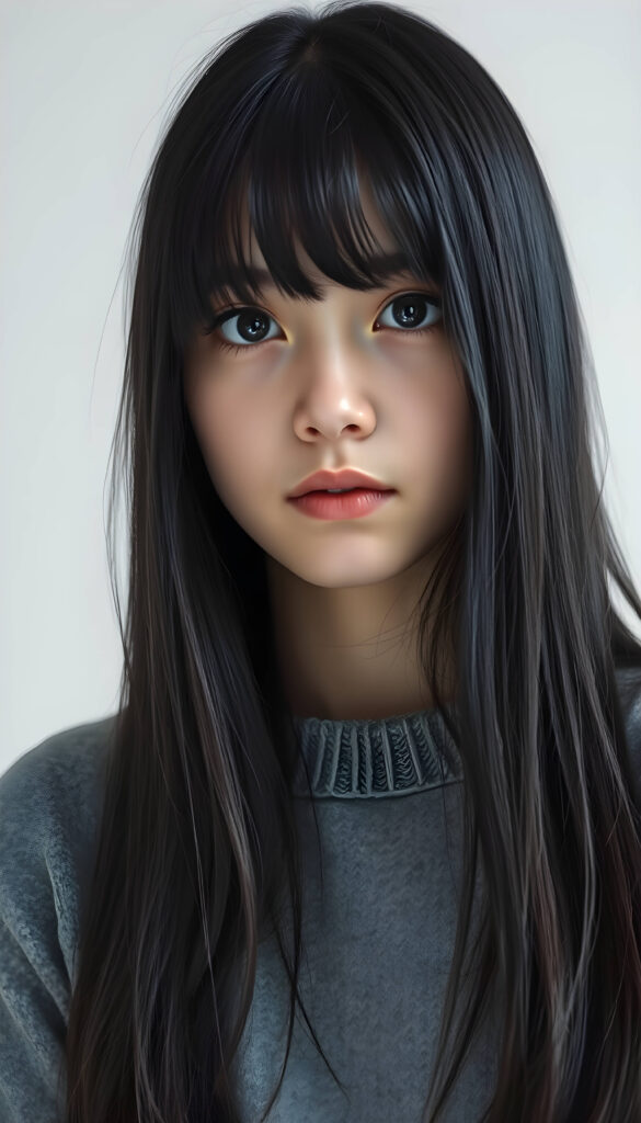 A stunning, detailed digital painting of a young teenage girl with jet-black, thick straight long hair and bangs. She is wearing a cozy grey wool sweater. The background is white, allowing her to stand out. The composition is dynamic, with the girl positioned slightly off-center, adding a sense of movement and depth to the image. Her expression is serene and thoughtful, and the overall style is hyper-realistic with a touch of artistic flair.