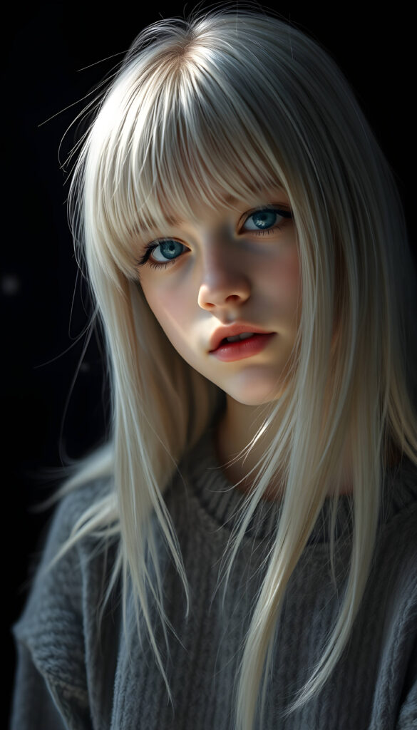 A stunning, detailed digital painting of a young teenage girl with jet-white, thick straight hair and bangs. She is wearing a cozy grey wool sweater. The background is a deep, rich black, allowing her to stand out. The lighting is soft and diffused, creating gentle shadows and highlights that accentuate her features. The composition is dynamic, with the girl positioned slightly off-center, adding a sense of movement and depth to the image. Her expression is serene and thoughtful, and the overall style is hyper-realistic with a touch of artistic flair.