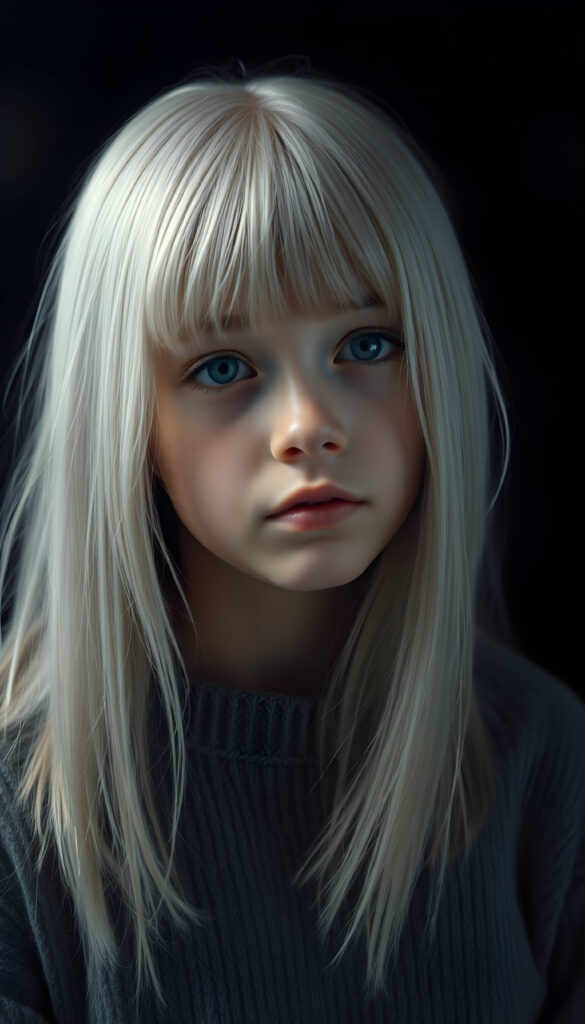 A stunning, detailed digital painting of a young teenage girl with jet-white, thick straight hair and bangs. She is wearing a cozy grey wool sweater. The background is a deep, rich black, allowing her to stand out. The lighting is soft and diffused, creating gentle shadows and highlights that accentuate her features. The composition is dynamic, with the girl positioned slightly off-center, adding a sense of movement and depth to the image. Her expression is serene and thoughtful, and the overall style is hyper-realistic with a touch of artistic flair.