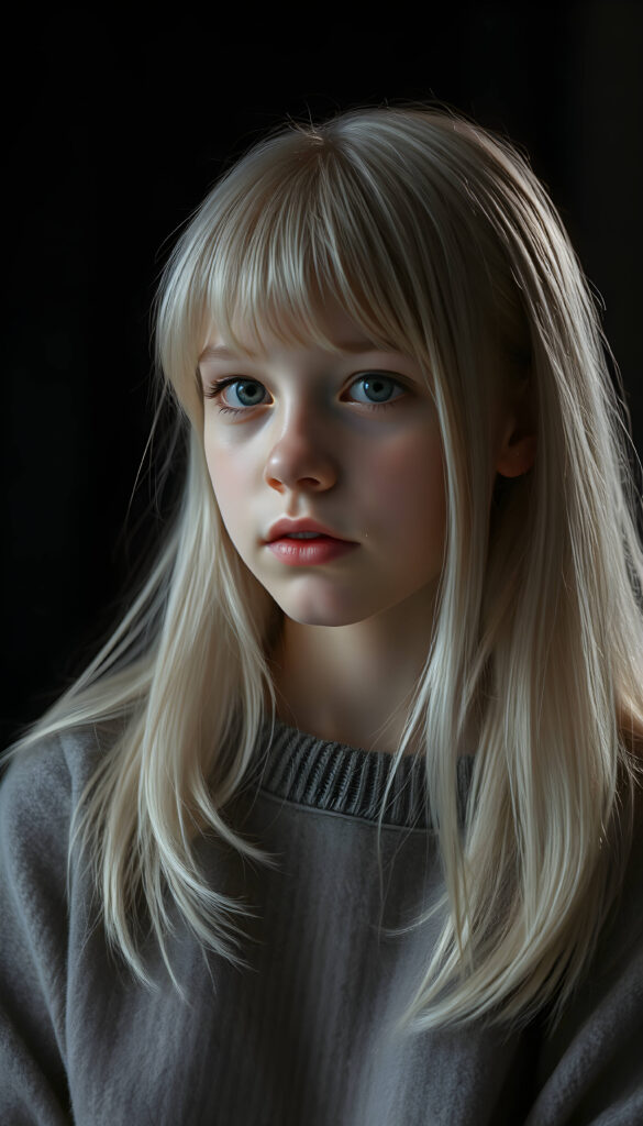 A stunning, detailed digital painting of a young teenage girl with jet-white, thick straight hair and bangs. She is wearing a cozy grey wool sweater. The background is a deep, rich black, allowing her to stand out. The lighting is soft and diffused, creating gentle shadows and highlights that accentuate her features. The composition is dynamic, with the girl positioned slightly off-center, adding a sense of movement and depth to the image. Her expression is serene and thoughtful, and the overall style is hyper-realistic with a touch of artistic flair.