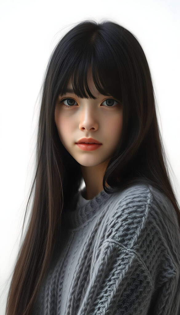 A stunning, detailed digital painting of a young teenage girl with jet-black, thick straight long hair and bangs. She is wearing a cozy grey wool sweater. The background is white, allowing her to stand out. The composition is dynamic, with the girl positioned slightly off-center, adding a sense of movement and depth to the image. Her expression is serene and thoughtful, and the overall style is hyper-realistic with a touch of artistic flair.