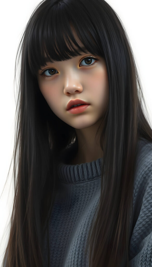 A stunning, detailed digital painting of a young teenage girl with jet-black, thick straight long hair and bangs. She is wearing a cozy grey wool sweater. The background is white, allowing her to stand out. The composition is dynamic, with the girl positioned slightly off-center, adding a sense of movement and depth to the image. Her expression is serene and thoughtful, and the overall style is hyper-realistic with a touch of artistic flair.
