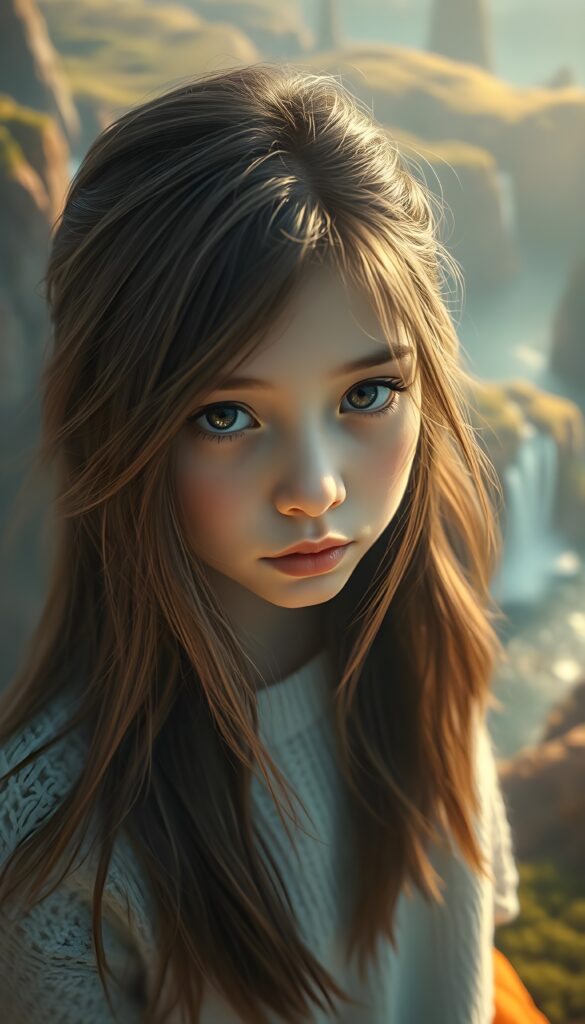 A stunning digital painting featuring a young girl with long, flowing hair, captured in a close-up from above. She stands in a vibrant, surreal landscape with floating islands and cascading waterfalls, bathed in soft, volumetric lighting. The scene is rich in detail, with intricate brushstrokes and fine textures, creating a dreamlike, hyperdetailed aesthetic. The girl's eyes sparkle with depth and emotion, framed by her detailed, white fine wool sweater. The background is a blend of warm, earthy tones and cool blues, enhancing the painting's depth and contrast. This masterpiece embodies the essence of modern digital art, blending photorealism with imaginative elements for an awe-inspiring visual experience.