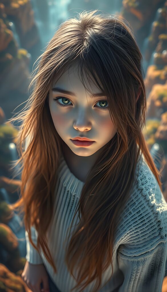 A stunning digital painting featuring a young girl with long, flowing hair, captured in a close-up from above. She stands in a vibrant, surreal landscape with floating islands and cascading waterfalls, bathed in soft, volumetric lighting. The scene is rich in detail, with intricate brushstrokes and fine textures, creating a dreamlike, hyperdetailed aesthetic. The girl's eyes sparkle with depth and emotion, framed by her detailed, white fine wool sweater. The background is a blend of warm, earthy tones and cool blues, enhancing the painting's depth and contrast. This masterpiece embodies the essence of modern digital art, blending photorealism with imaginative elements for an awe-inspiring visual experience.
