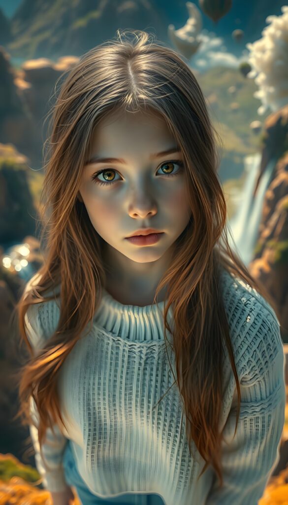 A stunning digital painting featuring a young girl with long, flowing hair, captured in a close-up from above. She stands in a vibrant, surreal landscape with floating islands and cascading waterfalls, bathed in soft, volumetric lighting. The scene is rich in detail, with intricate brushstrokes and fine textures, creating a dreamlike, hyperdetailed aesthetic. The girl's eyes sparkle with depth and emotion, framed by her detailed, white fine wool sweater. The background is a blend of warm, earthy tones and cool blues, enhancing the painting's depth and contrast. This masterpiece embodies the essence of modern digital art, blending photorealism with imaginative elements for an awe-inspiring visual experience.
