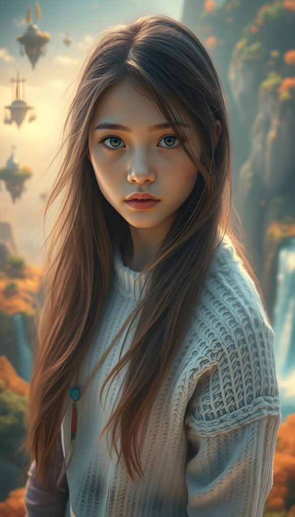A stunning digital painting featuring a young girl with long, flowing hair, captured in a close-up from above. She stands in a vibrant, surreal landscape with floating islands and cascading waterfalls, bathed in soft, volumetric lighting. The scene is rich in detail, with intricate brushstrokes and fine textures, creating a dreamlike, hyperdetailed aesthetic. The girl's eyes sparkle with depth and emotion, framed by her detailed, white fine wool sweater. The background is a blend of warm, earthy tones and cool blues, enhancing the painting's depth and contrast. This masterpiece embodies the essence of modern digital art, blending photorealism with imaginative elements for an awe-inspiring visual experience.