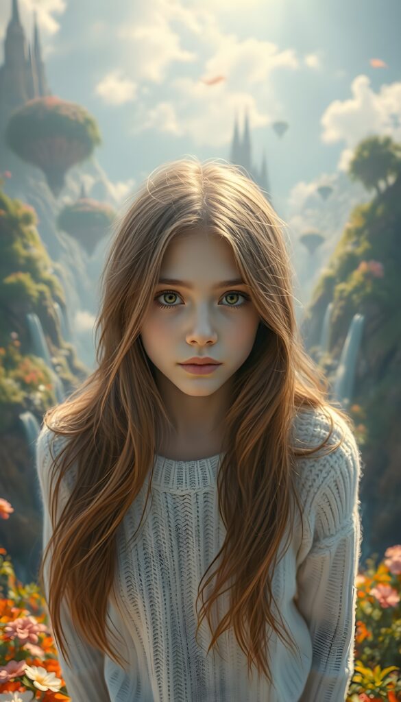 A stunning digital painting featuring a young girl with long, flowing hair, captured in a close-up from above. She stands in a vibrant, surreal landscape with floating islands and cascading waterfalls, bathed in soft, volumetric lighting. The scene is rich in detail, with intricate brushstrokes and fine textures, creating a dreamlike, hyperdetailed aesthetic. The girl's eyes sparkle with depth and emotion, framed by her detailed, white fine wool sweater. The background is a blend of warm, earthy tones and cool blues, enhancing the painting's depth and contrast. This masterpiece embodies the essence of modern digital art, blending photorealism with imaginative elements for an awe-inspiring visual experience.