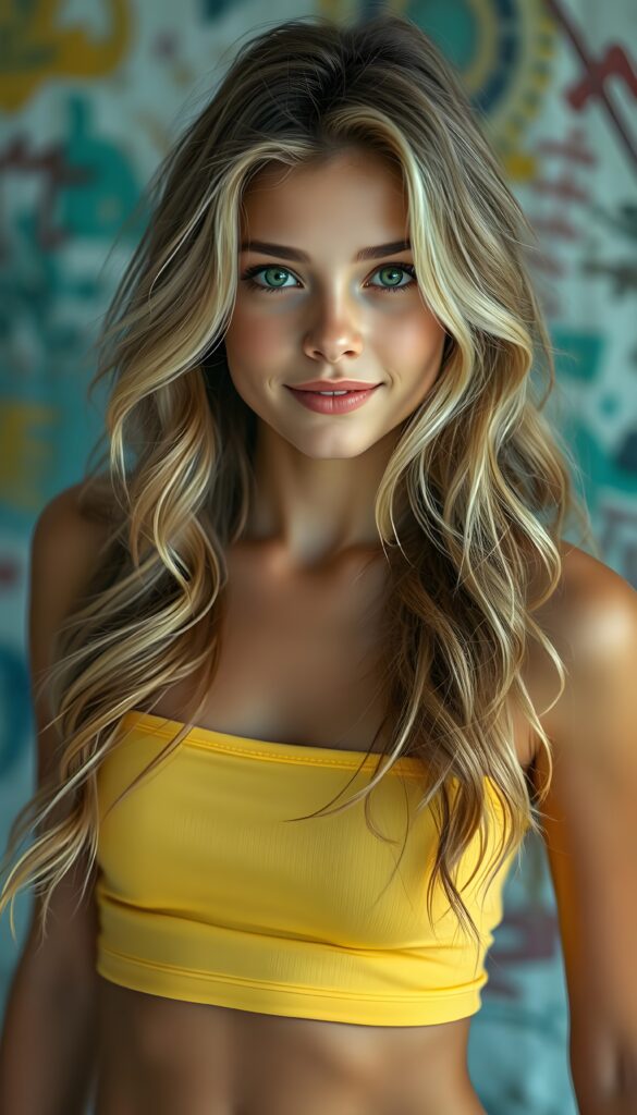 A stunning, dynamic pose of a beautiful young girl with long, wavy blonde hair and captivating green eyes. She has a charming smile and gazes directly at the viewer, wearing a sleeveless yellow cropped tank top. Her slim waist and wide hips accentuate her figure. The background is abstract, adding a vibrant and artistic flair to the composition.