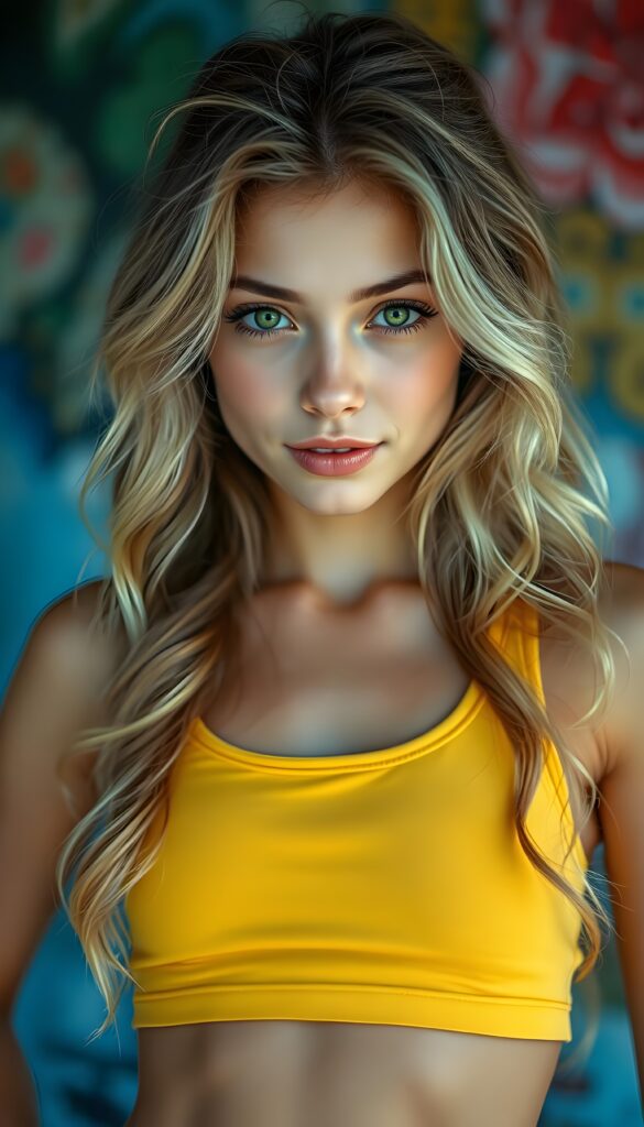 A stunning, dynamic pose of a beautiful young girl with long, wavy blonde hair and captivating green eyes. She has a charming smile and gazes directly at the viewer, wearing a sleeveless yellow cropped tank top. Her slim waist and wide hips accentuate her figure. The background is abstract, adding a vibrant and artistic flair to the composition.