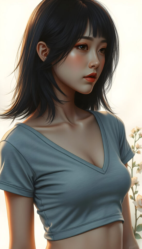 A stunning, ethereal portrait of a beautiful woman with flowing black hair styled in a Korean bob cut with elegant bangs. She wears a light grey cropped tank top with a deep V-neck, revealing her graceful collarbone. Her soft skin and perfect curves are accentuated by the warm, golden lighting, casting a gentle glow across her radiant face and kissable lips. The composition is side-profile, capturing the harmony between her natural beauty and the serene, dreamy atmosphere. The background is softly blurred, with hints of lush greenery and delicate flowers, enhancing the tranquil and enchanting ambiance. The artist's brushstrokes are intricate and detailed, bringing the scene to life with a sense of depth and emotion.