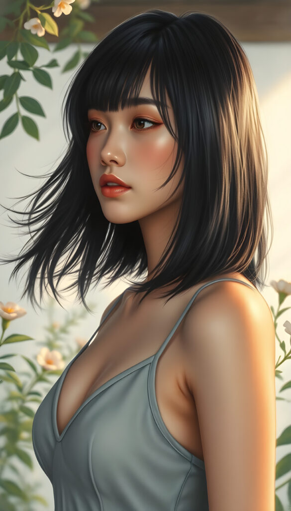 A stunning, ethereal portrait of a beautiful woman with flowing black hair styled in a Korean bob cut with elegant bangs. She wears a light grey cropped tank top with a deep V-neck, revealing her graceful collarbone. Her soft skin and perfect curves are accentuated by the warm, golden lighting, casting a gentle glow across her radiant face and kissable lips. The composition is side-profile, capturing the harmony between her natural beauty and the serene, dreamy atmosphere. The background is softly blurred, with hints of lush greenery and delicate flowers, enhancing the tranquil and enchanting ambiance. The artist's brushstrokes are intricate and detailed, bringing the scene to life with a sense of depth and emotion.