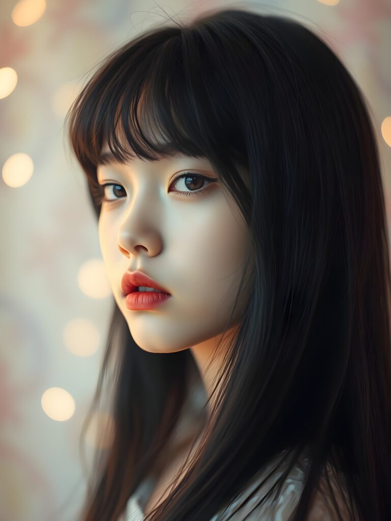 A stunning, ethereal portrait of a young girl with long, straight black hair cascading down her shoulders and soft bangs framing her face. Her deep amber eyes sparkle with warmth and curiosity, accentuated by delicate white makeup that highlights her youthful innocence. Her lips, painted a rich, vibrant red, are slightly parted, as if she's about to share a secret or whisper a gentle invitation. The lighting is soft and diffused, casting a warm glow that enhances her radiant skin. The background is a dreamy blend of pastel hues, with soft bokeh lights, creating a whimsical, enchanting atmosphere. The girl is positioned slightly off-center, allowing the viewer's eye to wander gracefully across the composition, which includes subtle. This whimsical, slightly fantastical scene evokes a sense of wonder and youthful charm.