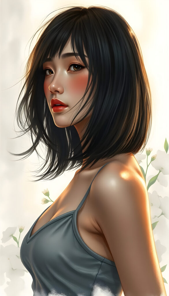 A stunning, ethereal portrait of a beautiful woman with flowing black hair styled in a Korean bob cut with elegant bangs. She wears a light grey cropped tank top with a deep V-neck, revealing her graceful collarbone. Her soft skin and perfect curves are accentuated by the warm, golden lighting, casting a gentle glow across her radiant face and kissable lips. The composition is side-profile, capturing the harmony between her natural beauty and the serene, dreamy atmosphere. The background is softly blurred, with hints of lush greenery and delicate flowers, enhancing the tranquil and enchanting ambiance. The artist's brushstrokes are intricate and detailed, bringing the scene to life with a sense of depth and emotion.