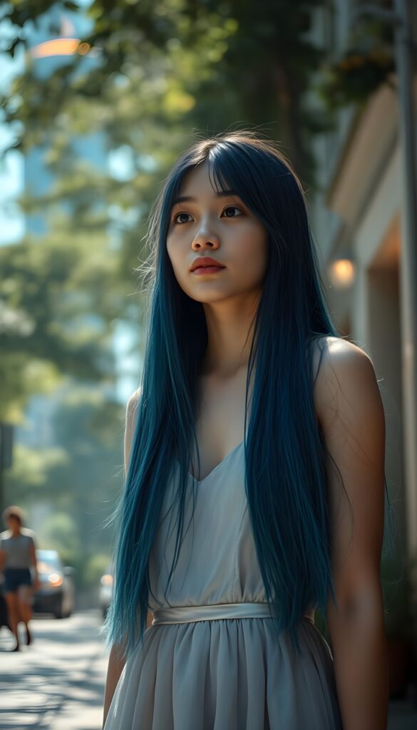 A stunning, girl with cascading long straight deep blue hair, shimmering like the ocean's depths, stands gracefully in the streets. She wears a flowing, iridescent gown that blends with the shimmering foliage around her. Sunbeams dance through the canopy, casting a dreamlike glow upon her radiant features. Her expression is serene, exuding warmth and kindness, as she gazes into the distance. The scene is bathed in a soft, enchanting light. The background reveals a mystical, glowing skyscraper. This composition blends realism with a touch of fantasy, creating a visually captivating and heartwarming image.