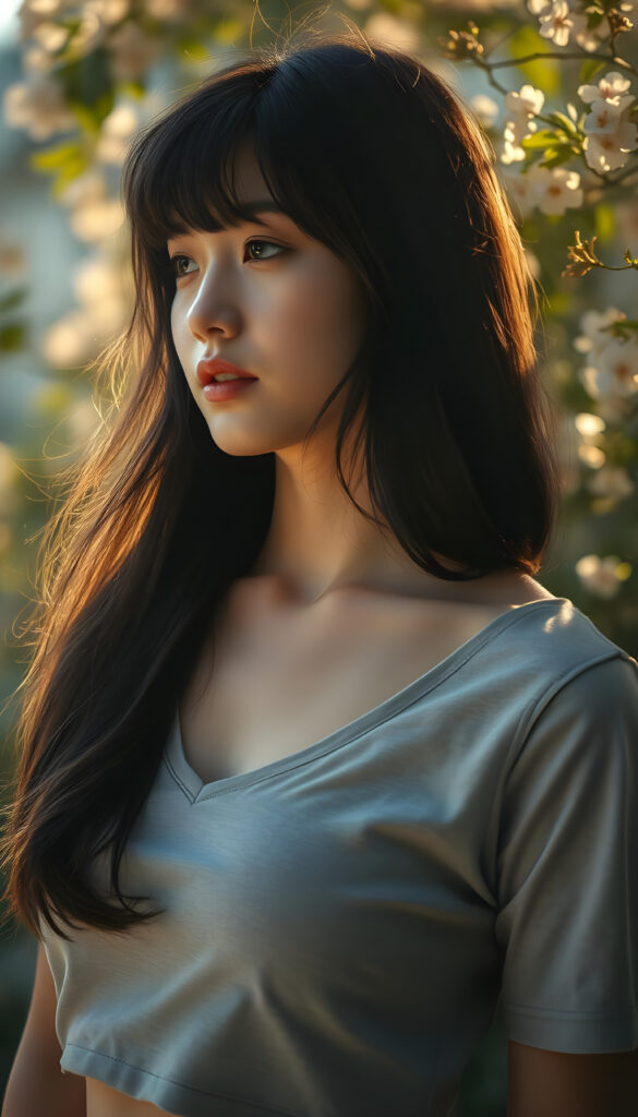 A stunning, ethereal portrait of a beautiful woman with flowing black hair styled in a Korean bob cut with elegant bangs. She wears a light grey cropped t-shirt with a deep V-neck, revealing her graceful collarbone. Her soft skin and perfect curves are accentuated by the warm, golden lighting, casting a gentle glow across her radiant face and kissable lips. The composition is side-profile, capturing the harmony between her natural beauty and the serene, dreamy atmosphere. The background is softly blurred, with hints of lush greenery and delicate flowers, enhancing the tranquil and enchanting ambiance. The artist's brushstrokes are intricate and detailed, bringing the scene to life with a sense of depth and emotion.