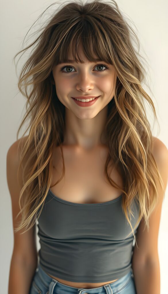 A stunning, ethereal teenager with long, wavy, messy hair cascading down her back in soft shades of blonde and brown, her bangs perfectly framing her face, gazes directly at the viewer with a radiant smile. Her hazelnut eyes sparkle with joy and curiosity. She's dressed in a form-fitting grey tank top that highlights her elegant figure and fits like a second skin, paired with ultra-short, high-waisted jeans. Cute small belly button. The background is a pure white canvas, emphasizing her youthful radiance. The lighting is cinematic, with a soft, golden glow highlighting her features and hair strands, giving the scene an almost magical atmosphere.