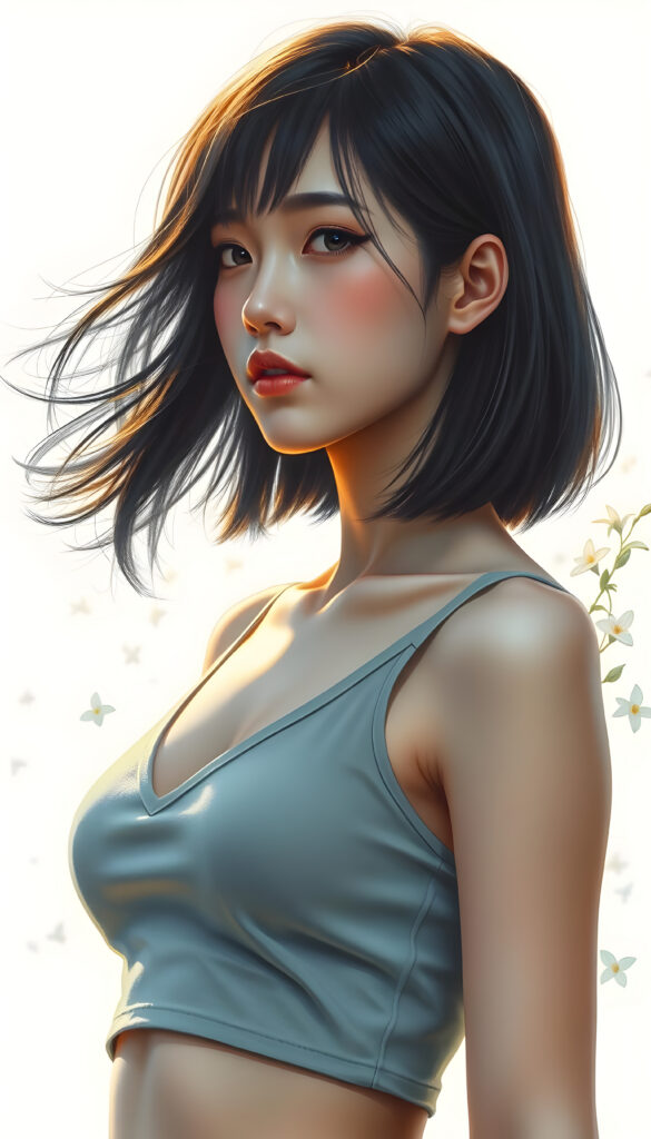 A stunning, ethereal portrait of a beautiful woman with flowing black hair styled in a Korean bob cut with elegant bangs. She wears a light grey cropped tank top with a deep V-neck, revealing her graceful collarbone. Her soft skin and perfect curves are accentuated by the warm, golden lighting, casting a gentle glow across her radiant face and kissable lips. The composition is side-profile, capturing the harmony between her natural beauty and the serene, dreamy atmosphere. The background is softly blurred, with hints of lush greenery and delicate flowers, enhancing the tranquil and enchanting ambiance. The artist's brushstrokes are intricate and detailed, bringing the scene to life with a sense of depth and emotion.