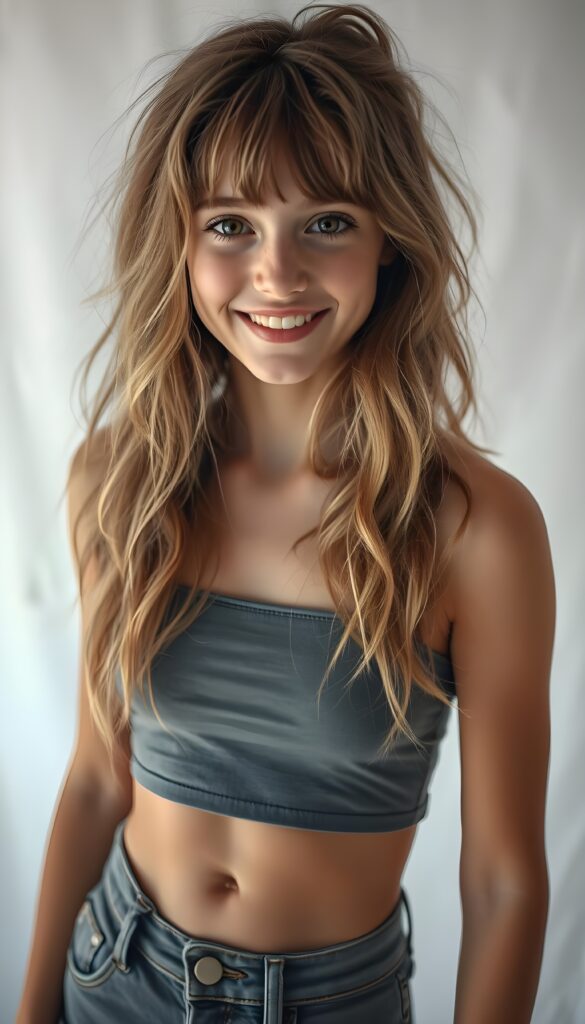 A stunning, ethereal teenager with long, wavy, messy hair cascading down her back in soft shades of blonde and brown, her bangs perfectly framing her face, gazes directly at the viewer with a radiant smile. Her hazelnut eyes sparkle with joy and curiosity. She's dressed in a form-fitting grey tank top that highlights her elegant figure and fits like a second skin, paired with ultra-short, high-waisted jeans. Cute small belly button. The background is a pure white canvas, emphasizing her youthful radiance. The lighting is cinematic, with a soft, golden glow highlighting her features and hair strands, giving the scene an almost magical atmosphere.