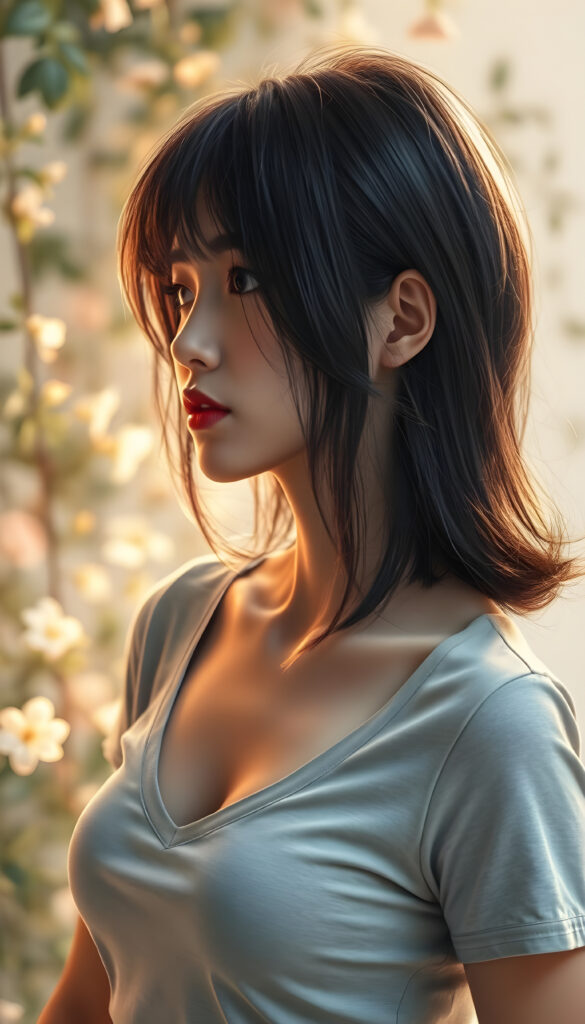 A stunning, ethereal portrait of a beautiful woman with flowing black hair styled in a Korean bob cut with elegant bangs. She wears a light grey cropped tank top with a deep V-neck, revealing her graceful collarbone. Her soft skin and perfect curves are accentuated by the warm, golden lighting, casting a gentle glow across her radiant face and kissable lips. The composition is side-profile, capturing the harmony between her natural beauty and the serene, dreamy atmosphere. The background is softly blurred, with hints of lush greenery and delicate flowers, enhancing the tranquil and enchanting ambiance. The artist's brushstrokes are intricate and detailed, bringing the scene to life with a sense of depth and emotion.