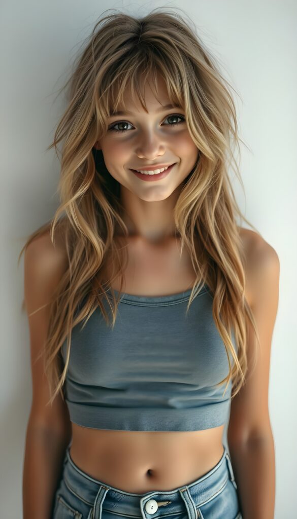 A stunning, ethereal teenager with long, wavy, messy hair cascading down her back in soft shades of blonde and brown, her bangs perfectly framing her face, gazes directly at the viewer with a radiant smile. Her hazelnut eyes sparkle with joy and curiosity. She's dressed in a form-fitting grey tank top that highlights her elegant figure and fits like a second skin, paired with ultra-short, high-waisted jeans. Cute small belly button. The background is a pure white canvas, emphasizing her youthful radiance. The lighting is cinematic, with a soft, golden glow highlighting her features and hair strands, giving the scene an almost magical atmosphere.
