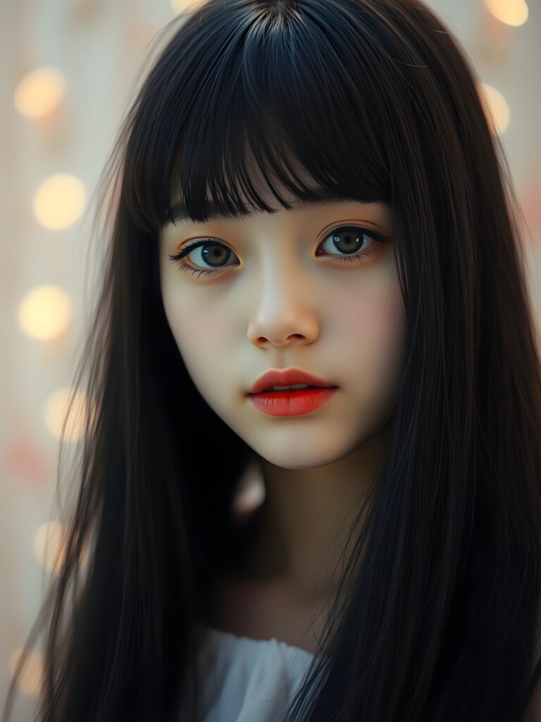 A stunning, ethereal portrait of a young girl with long, straight black hair cascading down her shoulders and soft bangs framing her face. Her deep amber eyes sparkle with warmth and curiosity, accentuated by delicate white makeup that highlights her youthful innocence. Her lips, painted a rich, vibrant red, are slightly parted, as if she's about to share a secret or whisper a gentle invitation. The lighting is soft and diffused, casting a warm glow that enhances her radiant skin. The background is a dreamy blend of pastel hues, with soft bokeh lights, creating a whimsical, enchanting atmosphere. The girl is positioned slightly off-center, allowing the viewer's eye to wander gracefully across the composition, which includes subtle. This whimsical, slightly fantastical scene evokes a sense of wonder and youthful charm.
