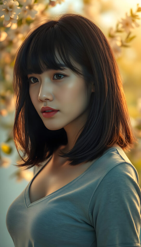 A stunning, ethereal portrait of a beautiful woman with flowing black hair styled in a Korean bob cut with elegant bangs. She wears a light grey cropped t-shirt with a deep V-neck, revealing her graceful collarbone. Her soft skin and perfect curves are accentuated by the warm, golden lighting, casting a gentle glow across her radiant face and kissable lips. The composition is side-profile, capturing the harmony between her natural beauty and the serene, dreamy atmosphere. The background is softly blurred, with hints of lush greenery and delicate flowers, enhancing the tranquil and enchanting ambiance. The artist's brushstrokes are intricate and detailed, bringing the scene to life with a sense of depth and emotion.