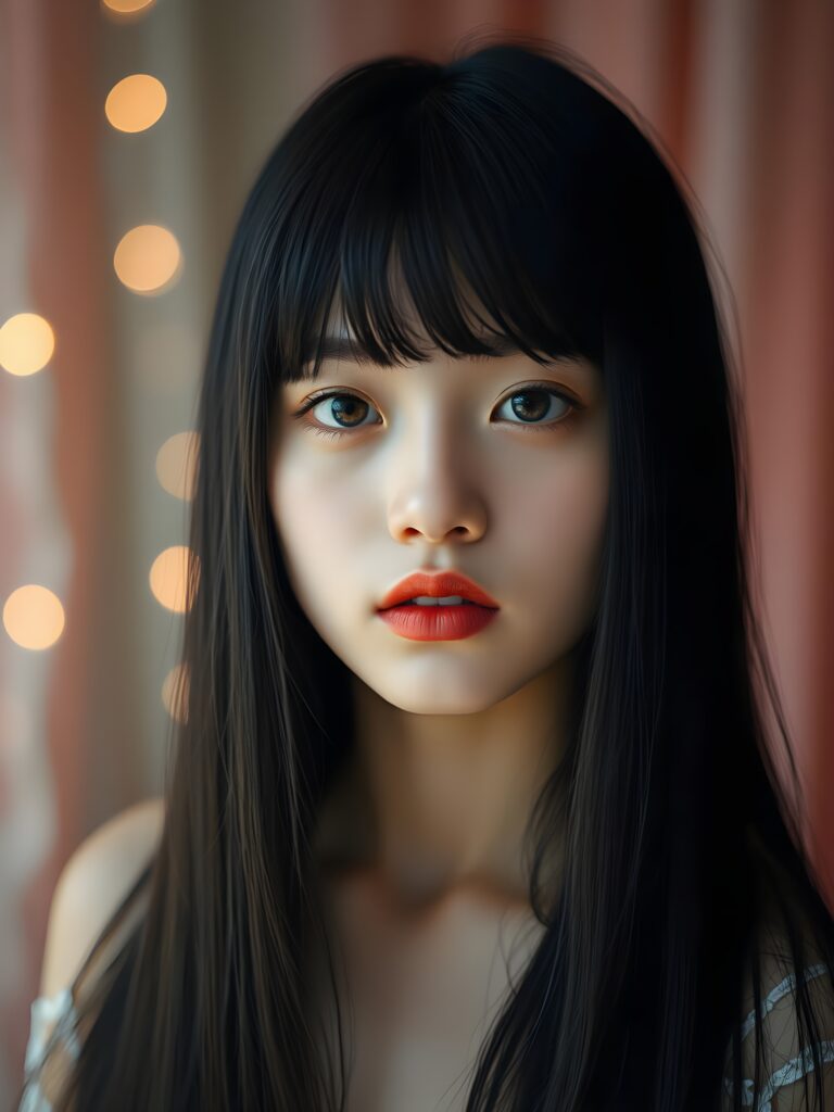 A stunning, ethereal portrait of a young girl with long, straight black hair cascading down her shoulders and soft bangs framing her face. Her deep amber eyes sparkle with warmth and curiosity, accentuated by delicate white makeup that highlights her youthful innocence. Her lips, painted a rich, vibrant red, are slightly parted, as if she's about to share a secret or whisper a gentle invitation. The lighting is soft and diffused, casting a warm glow that enhances her radiant skin. The background is a dreamy blend of pastel hues, with soft bokeh lights, creating a whimsical, enchanting atmosphere. The girl is positioned slightly off-center, allowing the viewer's eye to wander gracefully across the composition, which includes subtle. This whimsical, slightly fantastical scene evokes a sense of wonder and youthful charm.