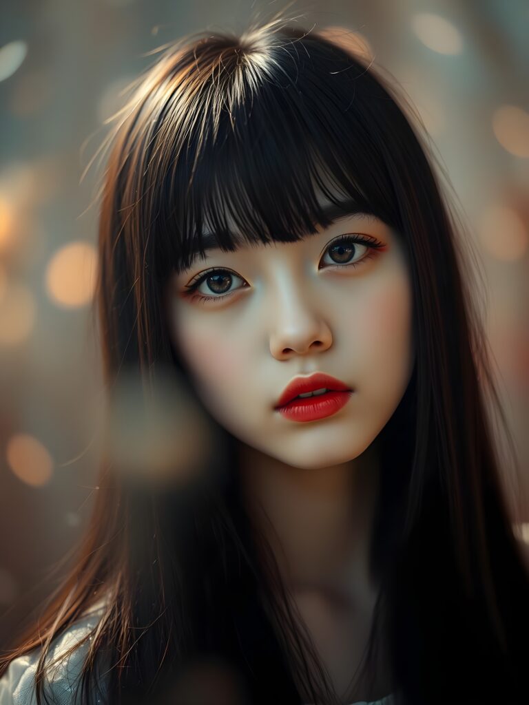 A stunning, ethereal portrait of a young girl with long, straight black hair cascading down her shoulders and soft bangs framing her face. Her deep amber eyes sparkle with warmth and curiosity, accentuated by delicate white makeup that highlights her youthful innocence. Her lips, painted a rich, vibrant red, are slightly parted, as if she's about to share a secret or whisper a gentle invitation. The lighting is soft and diffused, casting a warm glow that enhances her radiant skin. The background is a dreamy blend of pastel hues, with soft bokeh lights, creating a whimsical, enchanting atmosphere. The girl is positioned slightly off-center, allowing the viewer's eye to wander gracefully across the composition, which includes subtle. This whimsical, slightly fantastical scene evokes a sense of wonder and youthful charm.
