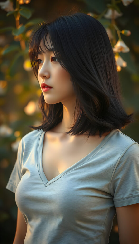 A stunning, ethereal portrait of a beautiful woman with flowing black hair styled in a Korean bob cut with elegant bangs. She wears a light grey cropped t-shirt with a deep V-neck, revealing her graceful collarbone. Her soft skin and perfect curves are accentuated by the warm, golden lighting, casting a gentle glow across her radiant face and kissable lips. The composition is side-profile, capturing the harmony between her natural beauty and the serene, dreamy atmosphere. The background is softly blurred, with hints of lush greenery and delicate flowers, enhancing the tranquil and enchanting ambiance. The artist's brushstrokes are intricate and detailed, bringing the scene to life with a sense of depth and emotion.