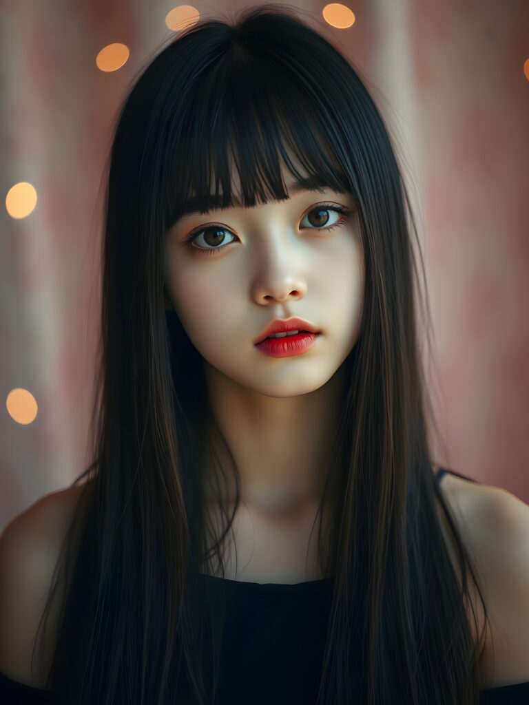 A stunning, ethereal portrait of a young girl with long, straight black hair cascading down her shoulders and soft bangs framing her face. Her deep amber eyes sparkle with warmth and curiosity, accentuated by delicate white makeup that highlights her youthful innocence. Her lips, painted a rich, vibrant red, are slightly parted, as if she's about to share a secret or whisper a gentle invitation. The lighting is soft and diffused, casting a warm glow that enhances her radiant skin. The background is a dreamy blend of pastel hues, with soft bokeh lights, creating a whimsical, enchanting atmosphere. The girl is positioned slightly off-center, allowing the viewer's eye to wander gracefully across the composition, which includes subtle. This whimsical, slightly fantastical scene evokes a sense of wonder and youthful charm.