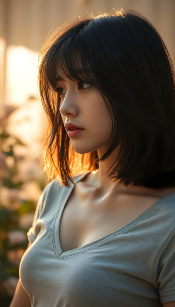 A stunning, ethereal portrait of a beautiful woman with flowing black hair styled in a Korean bob cut with elegant bangs. She wears a light grey cropped t-shirt with a deep V-neck, revealing her graceful collarbone. Her soft skin and perfect curves are accentuated by the warm, golden lighting, casting a gentle glow across her radiant face and kissable lips. The composition is side-profile, capturing the harmony between her natural beauty and the serene, dreamy atmosphere. The background is softly blurred, with hints of lush greenery and delicate flowers, enhancing the tranquil and enchanting ambiance. The artist's brushstrokes are intricate and detailed, bringing the scene to life with a sense of depth and emotion.