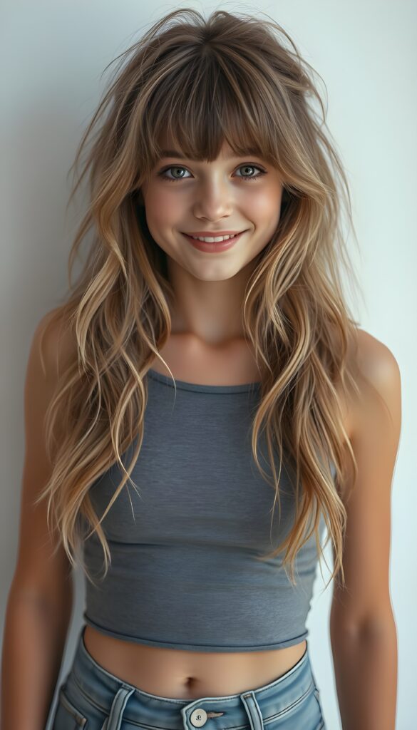 A stunning, ethereal teenager with long, wavy, messy hair cascading down her back in soft shades of blonde and brown, her bangs perfectly framing her face, gazes directly at the viewer with a radiant smile. Her hazelnut eyes sparkle with joy and curiosity. She's dressed in a form-fitting grey tank top that highlights her elegant figure and fits like a second skin, paired with ultra-short, high-waisted jeans. Cute small belly button. The background is a pure white canvas, emphasizing her youthful radiance. The lighting is cinematic, with a soft, golden glow highlighting her features and hair strands, giving the scene an almost magical atmosphere.