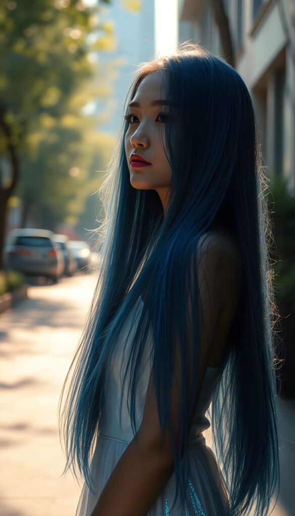 A stunning, girl with cascading long straight deep blue hair, shimmering like the ocean's depths, stands gracefully in the streets. She wears a flowing, iridescent gown that blends with the shimmering foliage around her. Sunbeams dance through the canopy, casting a dreamlike glow upon her radiant features. Her expression is serene, exuding warmth and kindness, as she gazes into the distance. The scene is bathed in a soft, enchanting light. The background reveals a mystical, glowing skyscraper. This composition blends realism with a touch of fantasy, creating a visually captivating and heartwarming image.